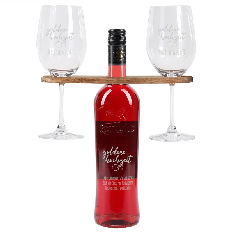 Goldene Hochzeit - Graviertes Geschenkset mit Weinflasche, Weingläsern und Weinbutler