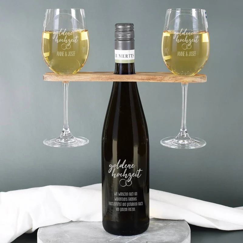 Goldene Hochzeit - Graviertes Geschenkset mit Weinflasche, Weingläsern und Weinbutler
