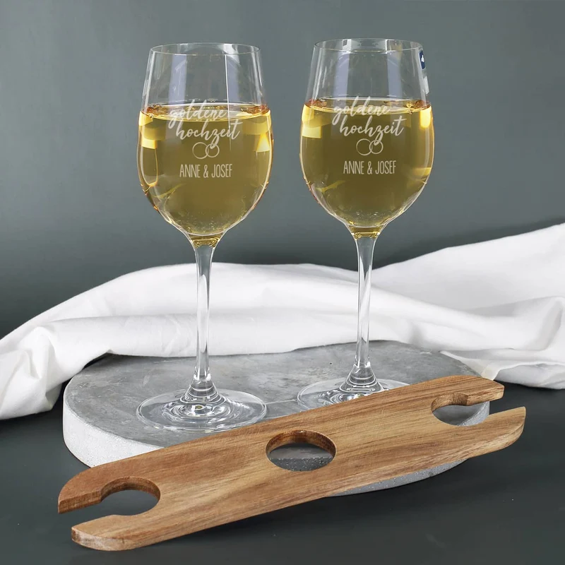 Goldene Hochzeit - Graviertes Geschenkset mit Weinflasche, Weingläsern und Weinbutler