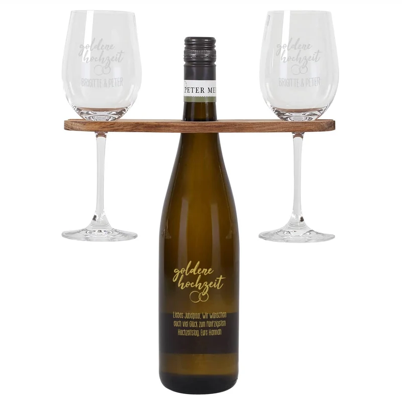 Goldene Hochzeit - Graviertes Geschenkset mit Weinflasche, Weingläsern und Weinbutler