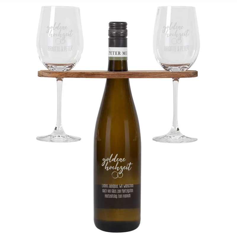 Goldene Hochzeit - Graviertes Geschenkset mit Weinflasche, Weingläsern und Weinbutler