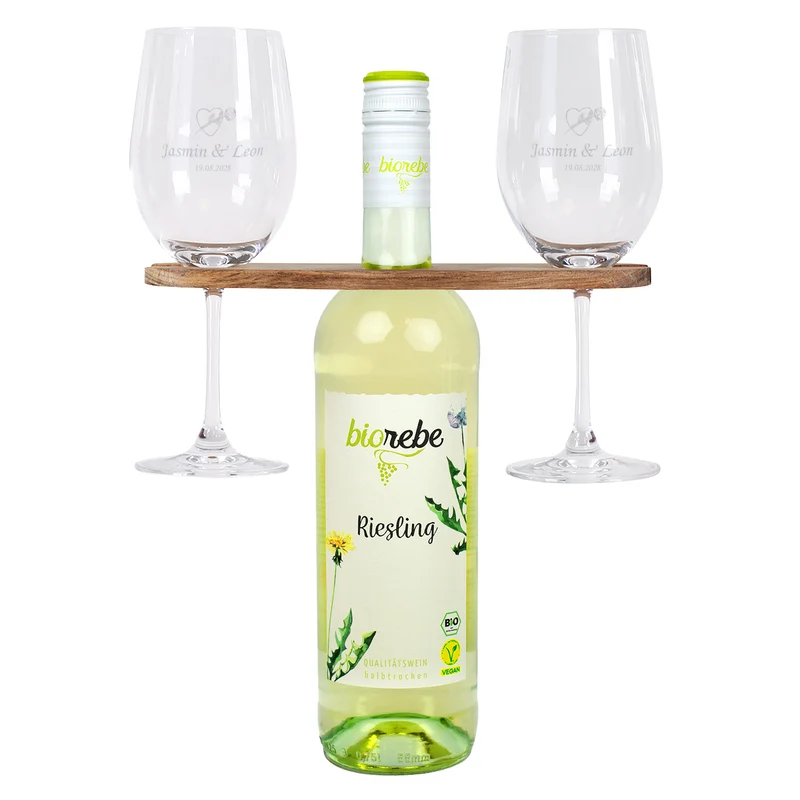 Wein-Set mit zwei Weingläsern, Weinbutler und Biorebe Wein | Geschenk Set zur Hochzeit