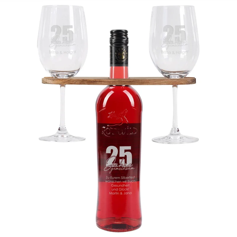 25 Jahre gemeinsam - Geschenkset mit gravierten Weingläsern und Weiflasche