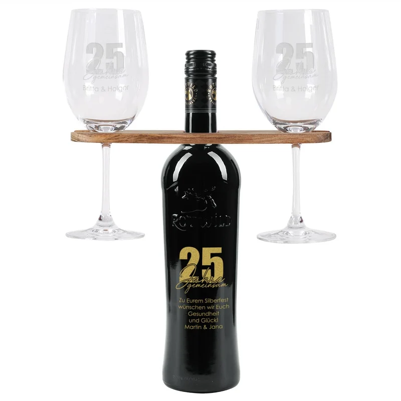25 Jahre gemeinsam - Geschenkset mit gravierten Weingläsern und Weiflasche
