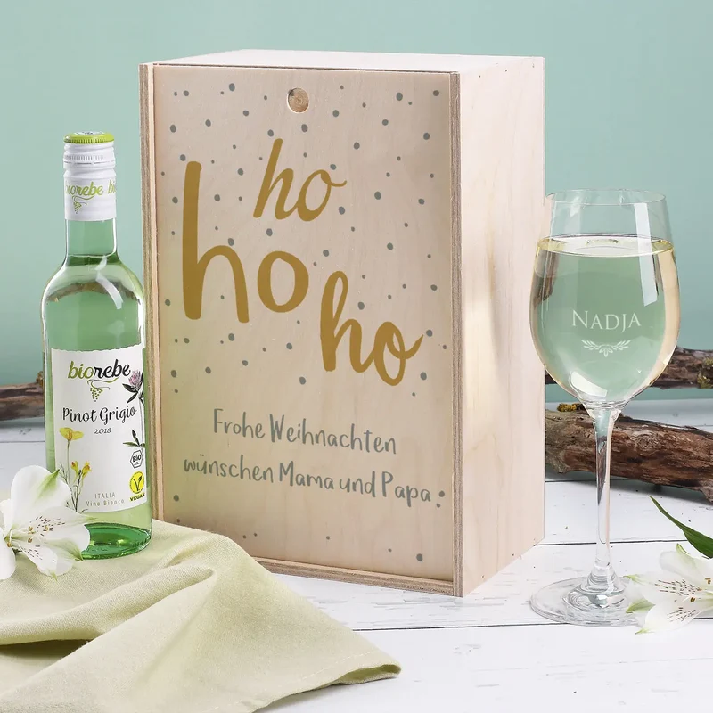Geschenkset Hohoho mit Holzbox, Weinglas und Weinflasche