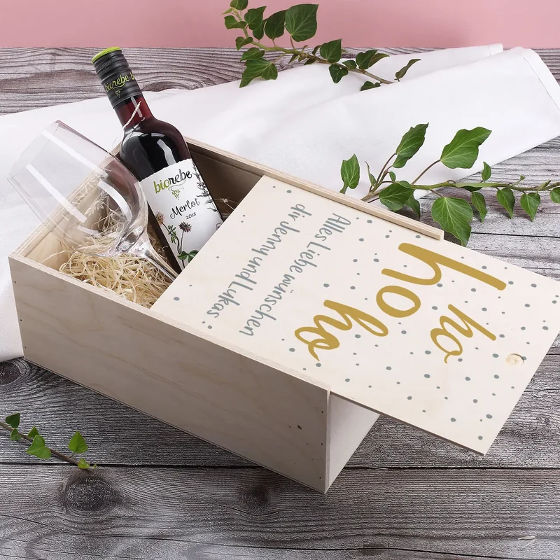 Geschenkset Hohoho mit Holzbox, Weinglas und Weinflasche