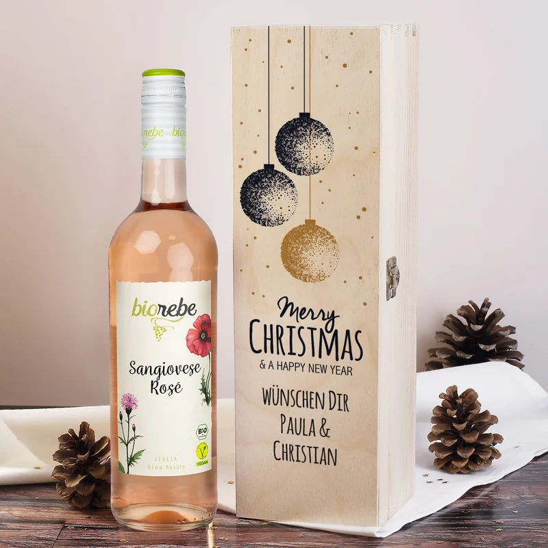 Biorebe Wein in bedruckter Holzbox zu Weihnachten | Personalisiertes Weihnachtsgeschenk