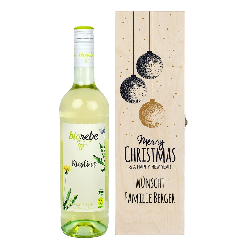 Biorebe Wein in bedruckter Holzbox zu Weihnachten | Personalisiertes Weihnachtsgeschenk