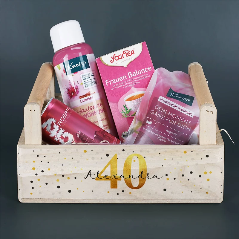 Frauen Wellness Geschenkset zum Geburtstag mit Alter und Name bedruckt