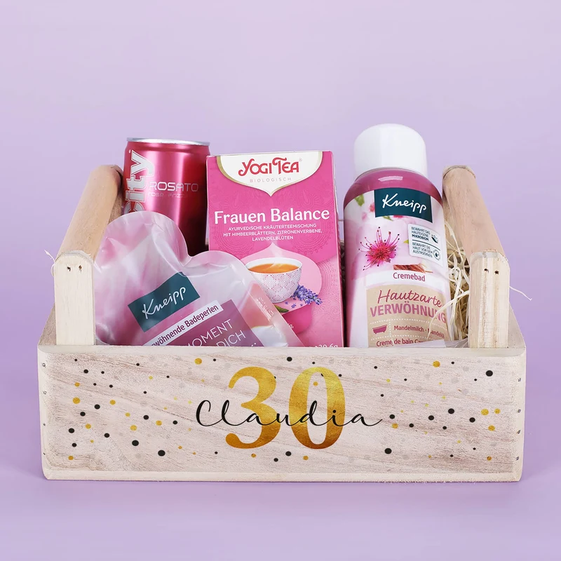 Frauen Wellness Geschenkset zum Geburtstag mit Alter und Name bedruckt