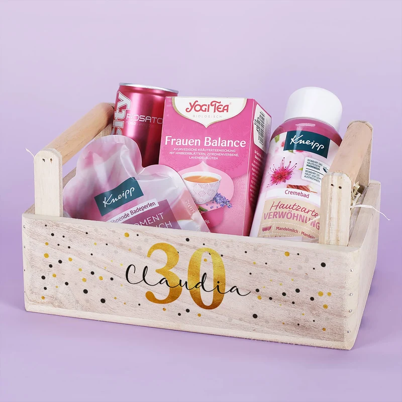 Frauen Wellness Geschenkset zum Geburtstag mit Alter und Name bedruckt