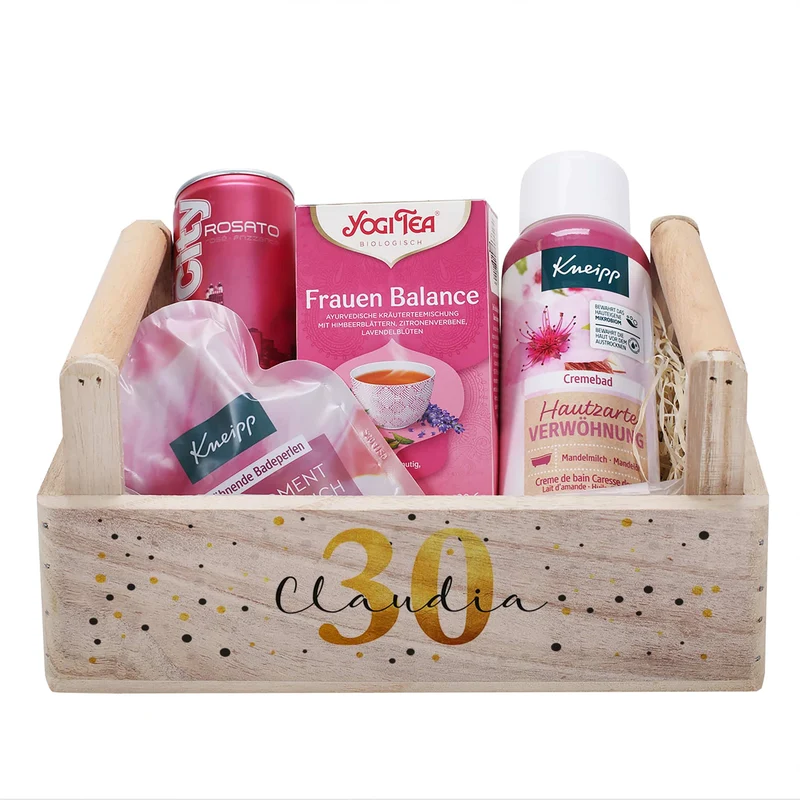 Frauen Wellness Geschenkset zum Geburtstag mit Alter und Name bedruckt