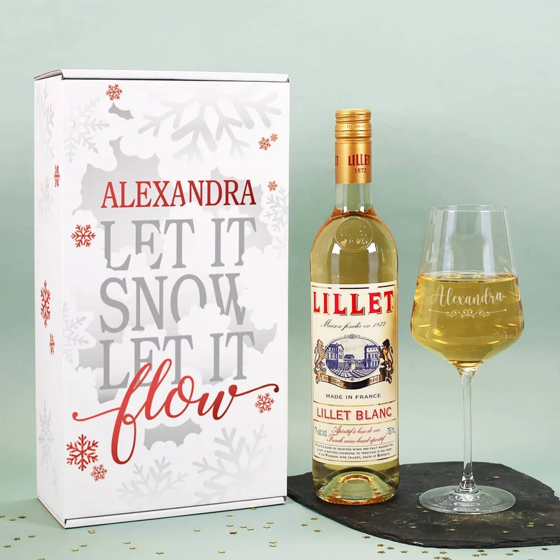 Geschenkset "Let it Snow" zu Weihnachten, mit graviertem Glas und Lillet