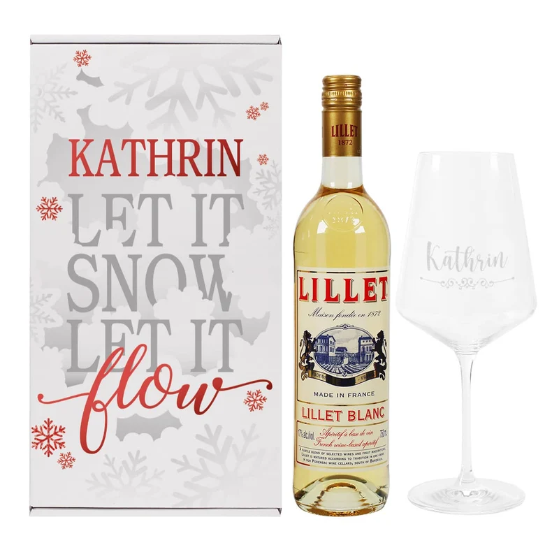 Geschenkset "Let it Snow" zu Weihnachten, mit graviertem Glas und Lillet