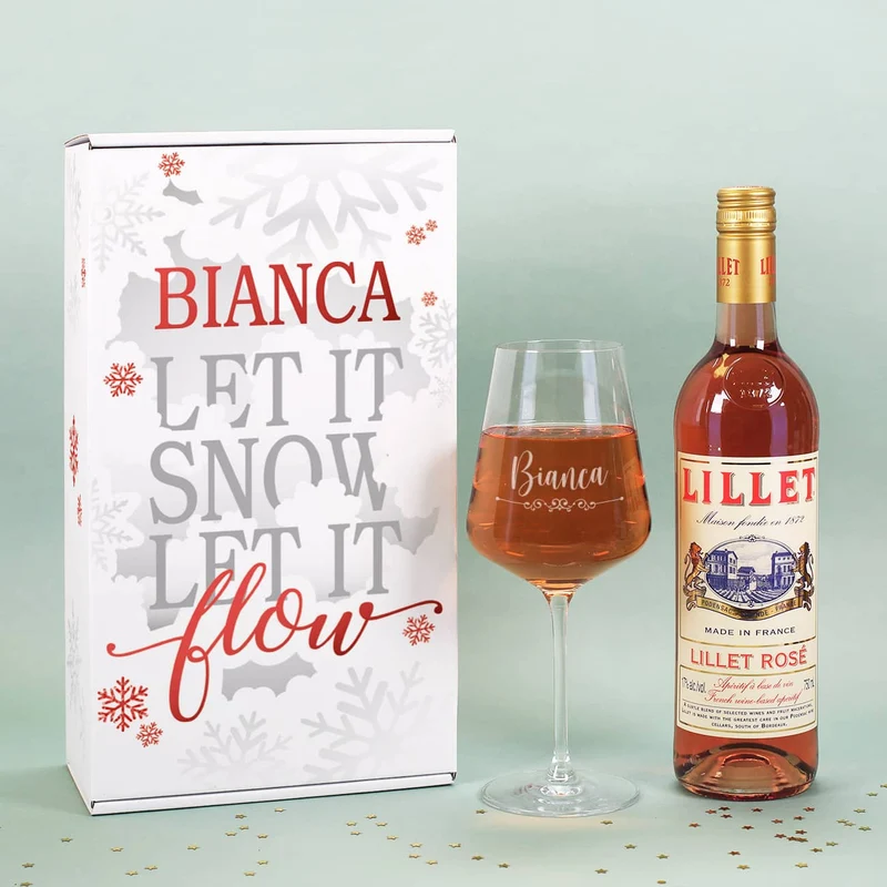 Geschenkset "Let it Snow" zu Weihnachten, mit graviertem Glas und Lillet