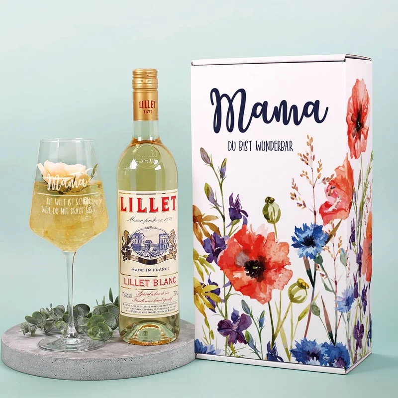 Lillet Geschenkset zum Muttertag mit bunten Frühlingsblumen und gravierten Weinglas
