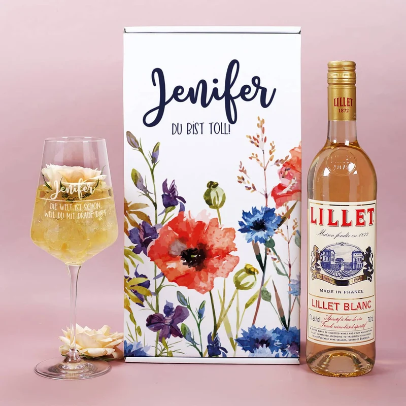 Lillet Geschenkset zum Muttertag mit bunten Frühlingsblumen und gravierten Weinglas