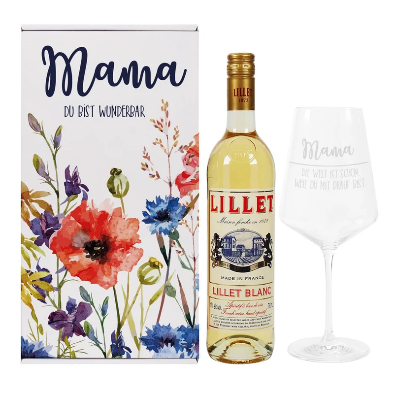 Lillet Geschenkset zum Muttertag mit bunten Frühlingsblumen und gravierten Weinglas