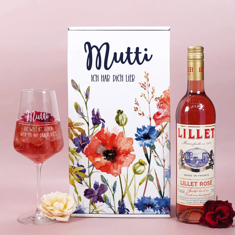 Lillet Geschenkset zum Muttertag mit bunten Frühlingsblumen und gravierten Weinglas