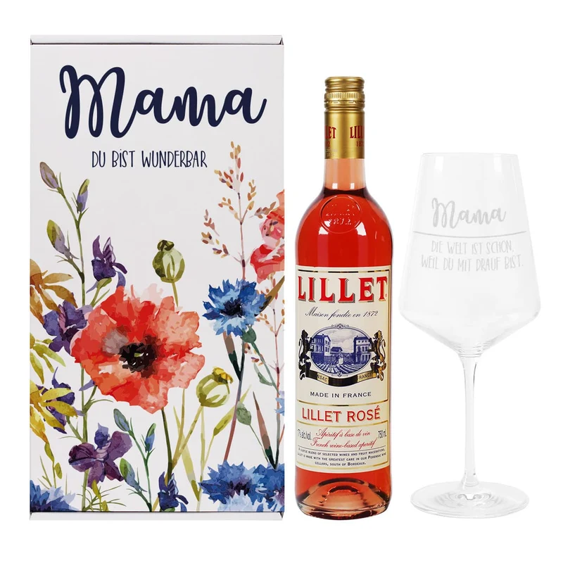 Lillet Geschenkset zum Muttertag mit bunten Frühlingsblumen und gravierten Weinglas