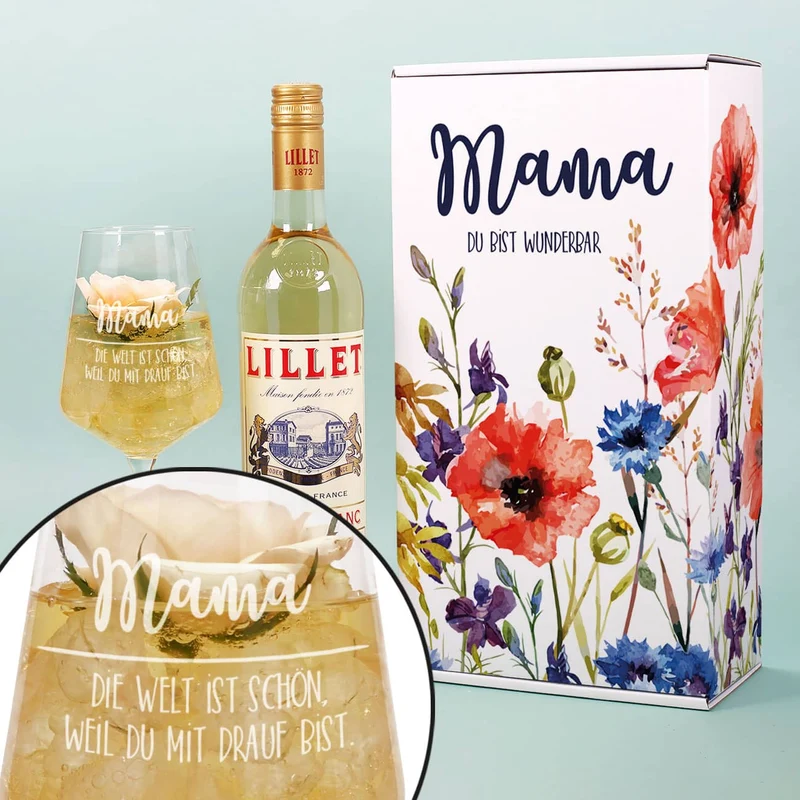 Lillet Geschenkset zum Muttertag mit bunten Frühlingsblumen und gravierten Weinglas