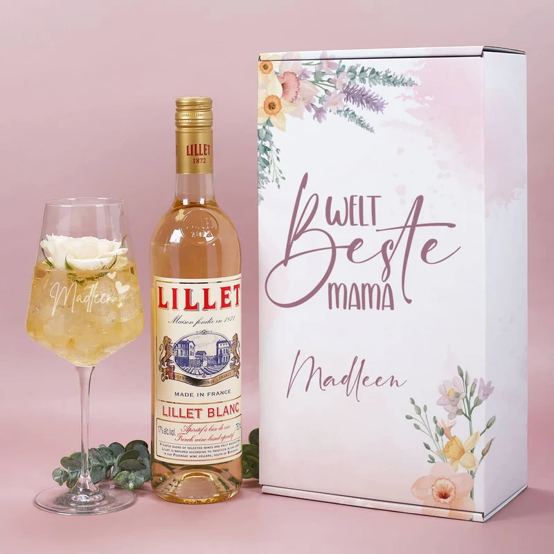 Weltbeste Mama - Lillet Geschenkset mit Weinglas und blumigen Frühlingsmotiv