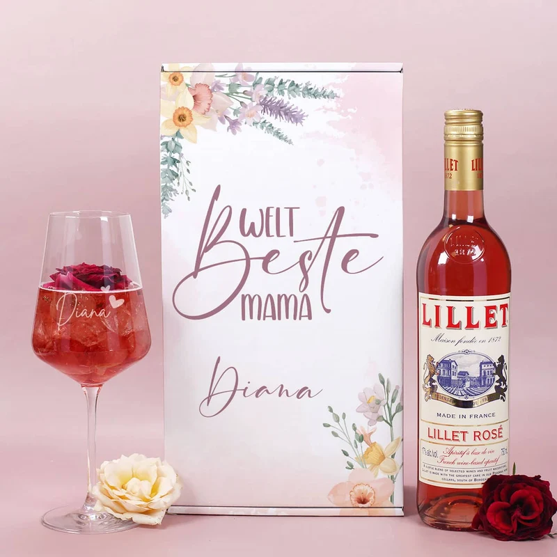 Weltbeste Mama - Lillet Geschenkset mit Weinglas und blumigen Frühlingsmotiv