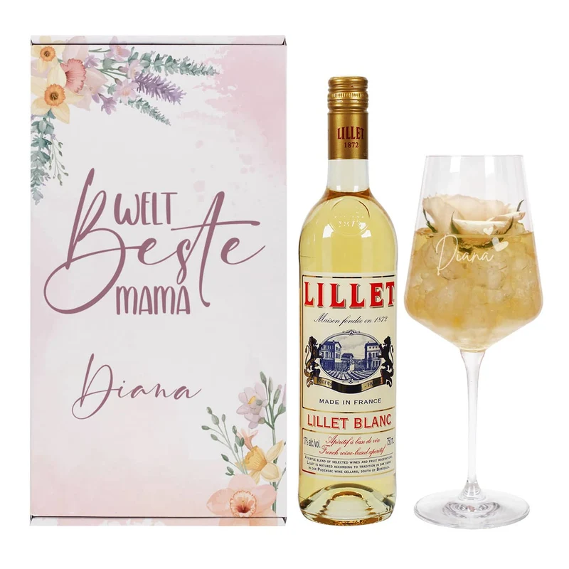 Weltbeste Mama - Lillet Geschenkset mit Weinglas und blumigen Frühlingsmotiv
