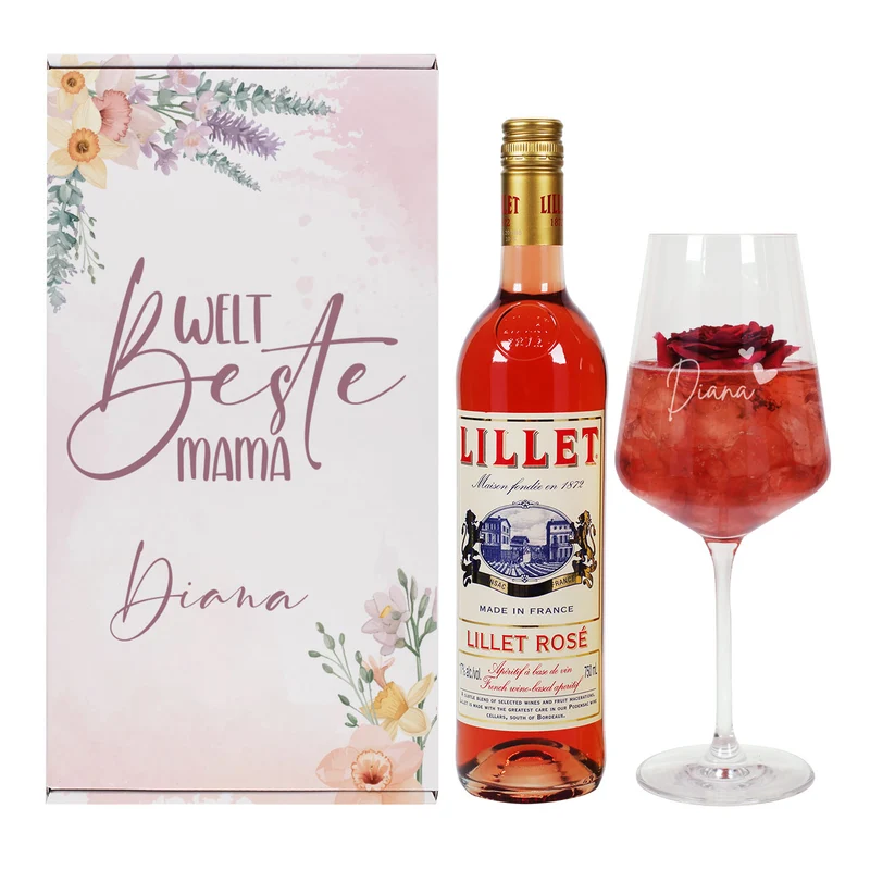 Weltbeste Mama - Lillet Geschenkset mit Weinglas und blumigen Frühlingsmotiv