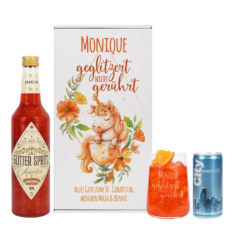 geglitzert nicht gerührt - Glitter Spritz Set mit Glas und Geschenkbox