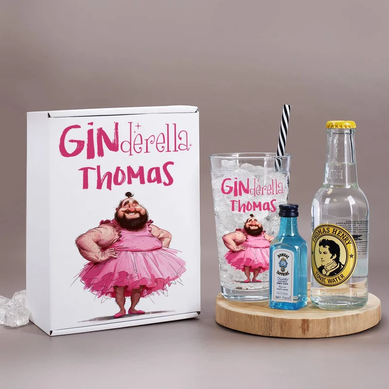 Lustiges Ginderella Geschenkset mit bedrucktem Glas, Bombay Gin und Tonic Water