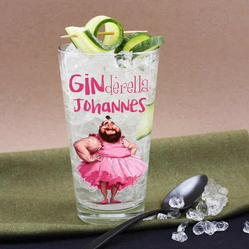 Lustiges Ginderella Geschenkset mit bedrucktem Glas, Bombay Gin und Tonic Water