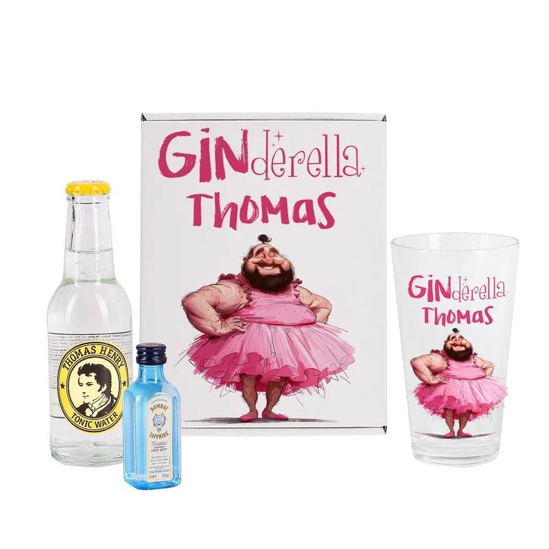 Lustiges Ginderella Geschenkset mit bedrucktem Glas, Bombay Gin und Tonic Water