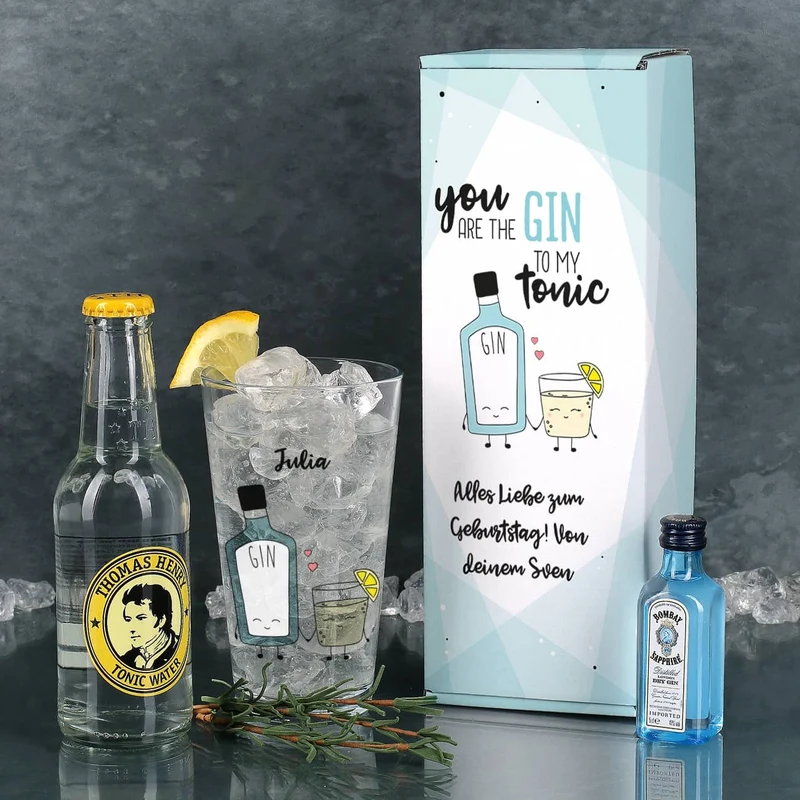 Gin Tonic Geschenkset mit Glas, Mini Bombay und Thomas Henry Tonic