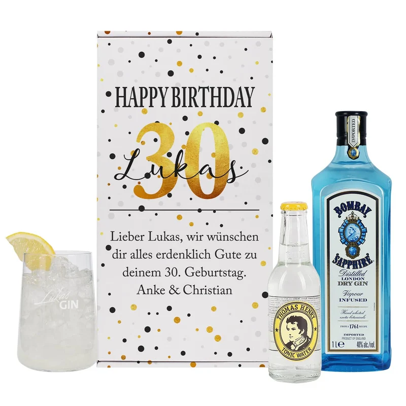 Geburtstagsgeschenk mit Bombay Gin, Tonic und graviertem Glas