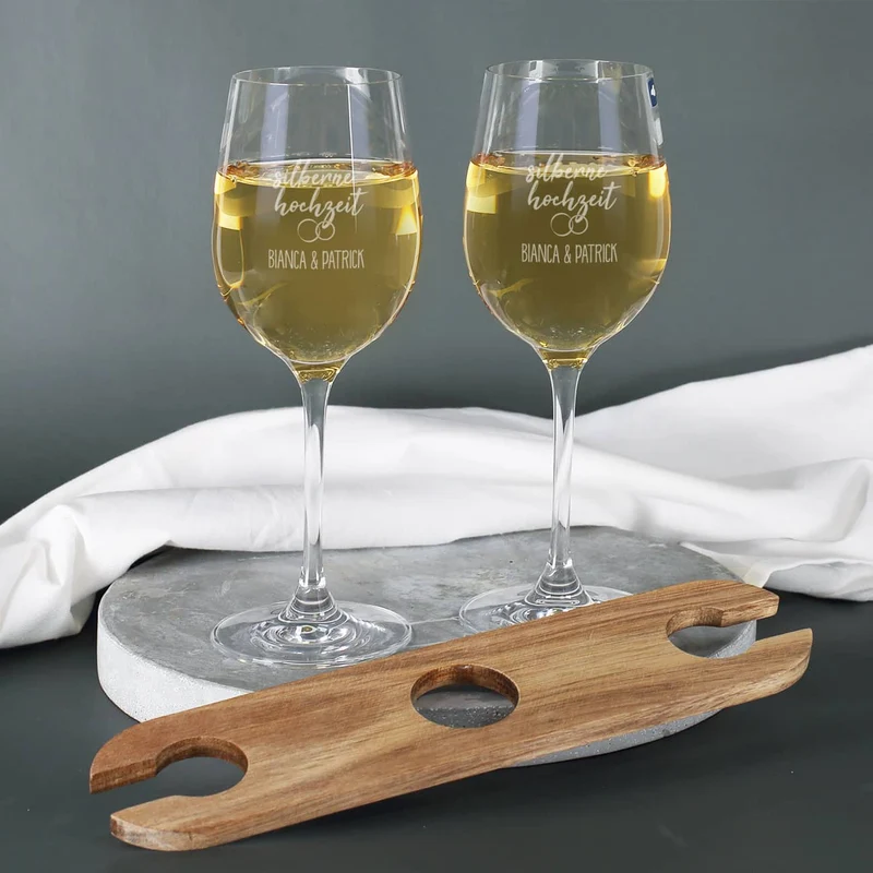 Silberne Hochzeit - Wein-Geschenkset mit Wunschtext und Namen graviert