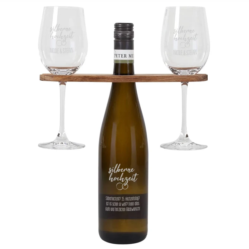 Silberne Hochzeit - Wein-Geschenkset mit Wunschtext und Namen graviert