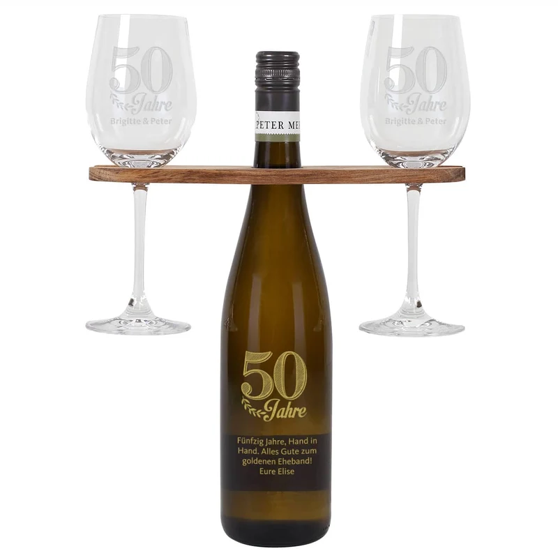 Wein-Geschenkset zur goldenen Hochzeit mit Wunschtext und Namen des Paares