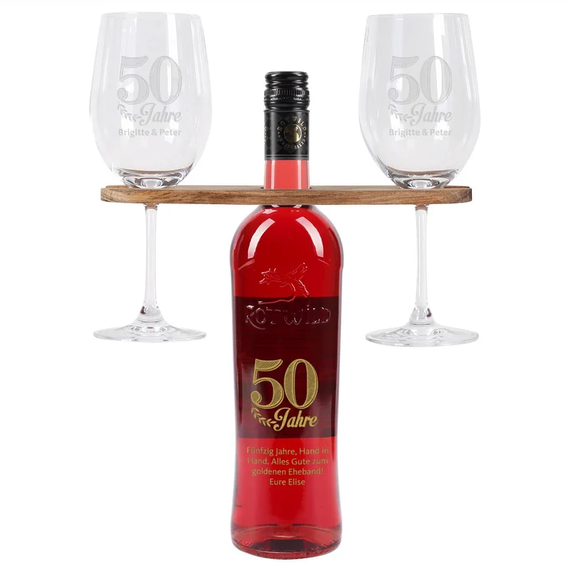 Wein-Geschenkset zur goldenen Hochzeit mit Wunschtext und Namen des Paares