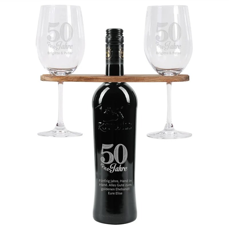Wein-Geschenkset zur goldenen Hochzeit mit Wunschtext und Namen des Paares