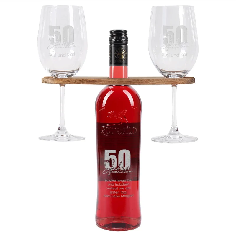 50 Jahre gemeinsam - Geschenkset zur goldenen Hochzeit mit Wein nach Wahl, Wunschnamen und Text