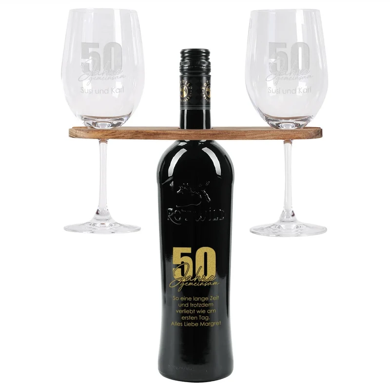 50 Jahre gemeinsam - Geschenkset zur goldenen Hochzeit mit Wein nach Wahl, Wunschnamen und Text