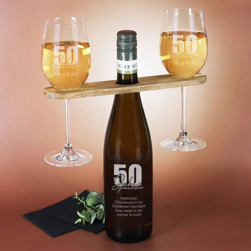 50 Jahre gemeinsam - Geschenkset zur goldenen Hochzeit mit Wein nach Wahl, Wunschnamen und Text