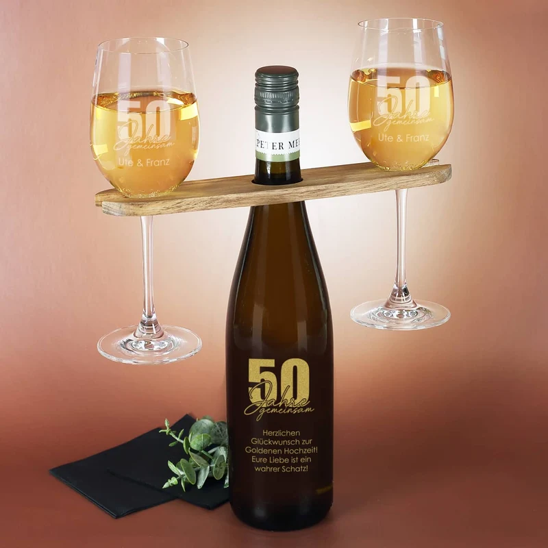 50 Jahre gemeinsam - Geschenkset zur goldenen Hochzeit mit Wein nach Wahl, Wunschnamen und Text