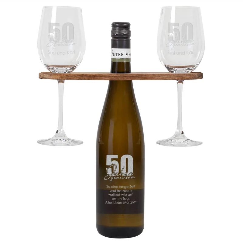 50 Jahre gemeinsam - Geschenkset zur goldenen Hochzeit mit Wein nach Wahl, Wunschnamen und Text