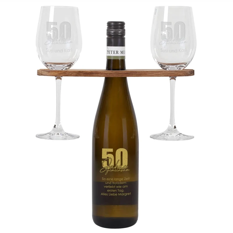 50 Jahre gemeinsam - Geschenkset zur goldenen Hochzeit mit Wein nach Wahl, Wunschnamen und Text