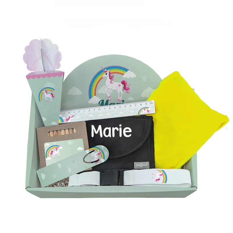 Personalisierbares Einhorn Geschenkset zur Einschulung für Mädchen | 8 Teile