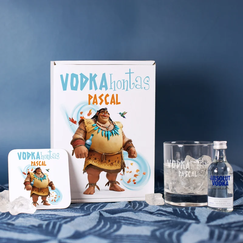 Personalisiertes Geschenkset mit Absolut Vodka, graviertem Glas, Untersetzer & Geschenkbox | Vodkahontas