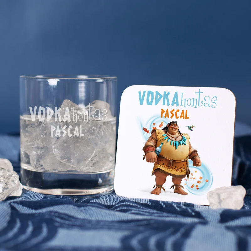Personalisiertes Geschenkset mit Absolut Vodka, graviertem Glas, Untersetzer & Geschenkbox | Vodkahontas