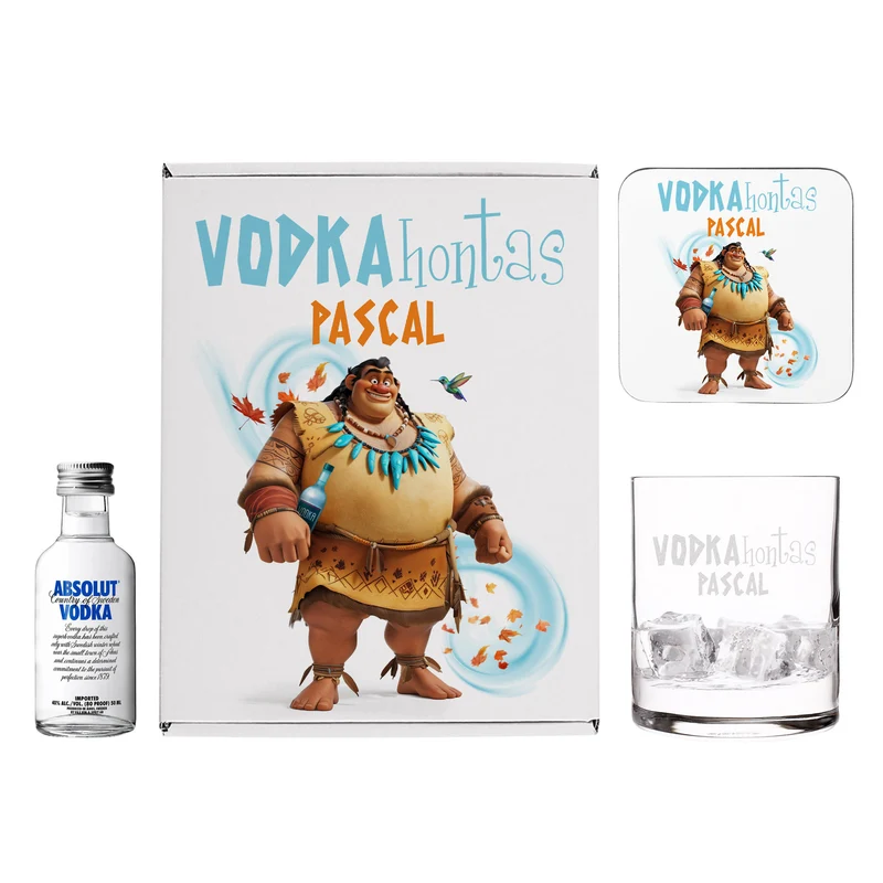 Personalisiertes Geschenkset mit Absolut Vodka, graviertem Glas, Untersetzer & Geschenkbox | Vodkahontas